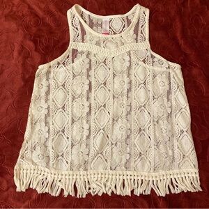 Cream Lace Sleeveless Racerback Top with Fringe